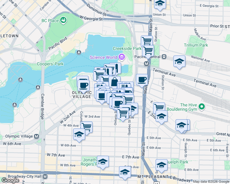 map of restaurants, bars, coffee shops, grocery stores, and more near 1661 Ontario Street in Vancouver