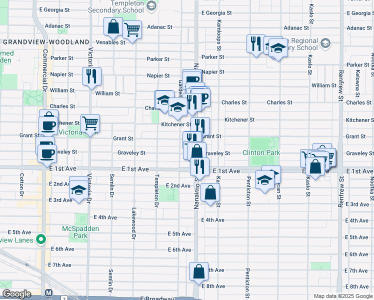 map of restaurants, bars, coffee shops, grocery stores, and more near 2323 Graveley Street in Vancouver