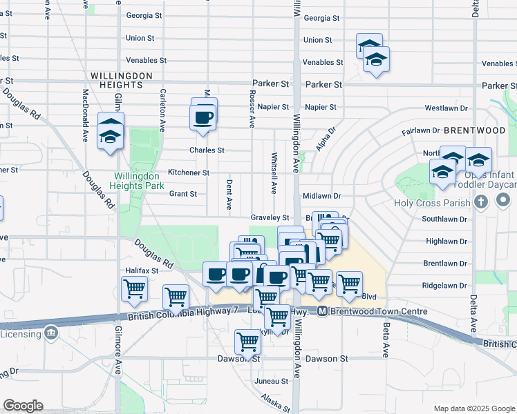 map of restaurants, bars, coffee shops, grocery stores, and more near 1570 Rosser Avenue in Burnaby