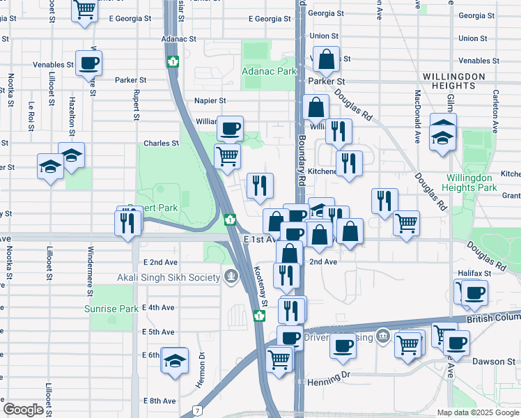 map of restaurants, bars, coffee shops, grocery stores, and more near 3585 Graveley Street in Vancouver