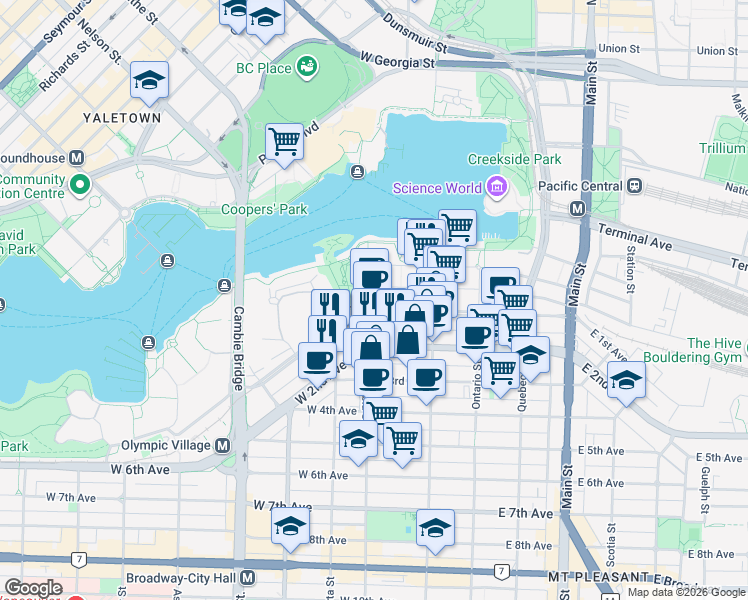 map of restaurants, bars, coffee shops, grocery stores, and more near in Vancouver