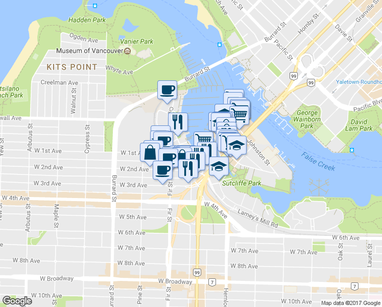 map of restaurants, bars, coffee shops, grocery stores, and more near in Vancouver