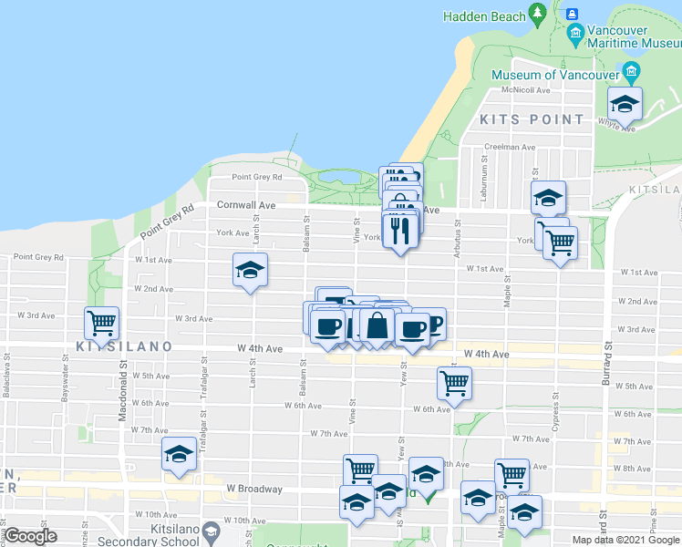 map of restaurants, bars, coffee shops, grocery stores, and more near in Vancouver