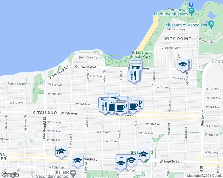 map of restaurants, bars, coffee shops, grocery stores, and more near in Vancouver