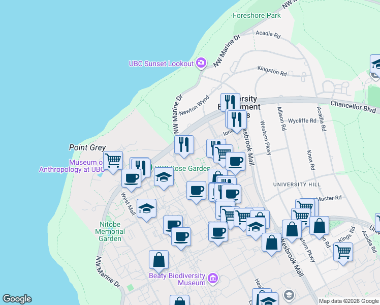 map of restaurants, bars, coffee shops, grocery stores, and more near in Vancouver