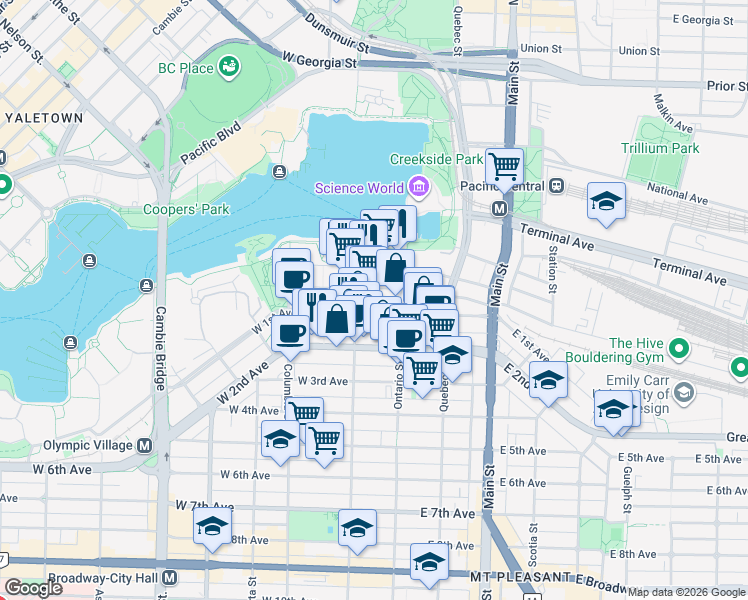 map of restaurants, bars, coffee shops, grocery stores, and more near 75 West 1st Avenue in Vancouver