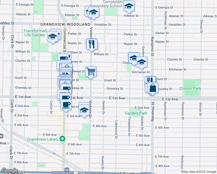 map of restaurants, bars, coffee shops, grocery stores, and more near 2029 Graveley Street in Vancouver
