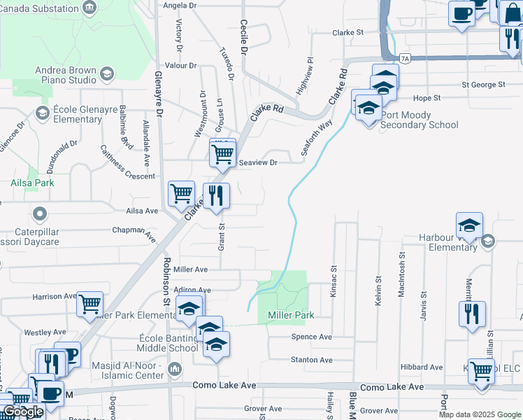 map of restaurants, bars, coffee shops, grocery stores, and more near 830 Ingersoll Avenue in Coquitlam