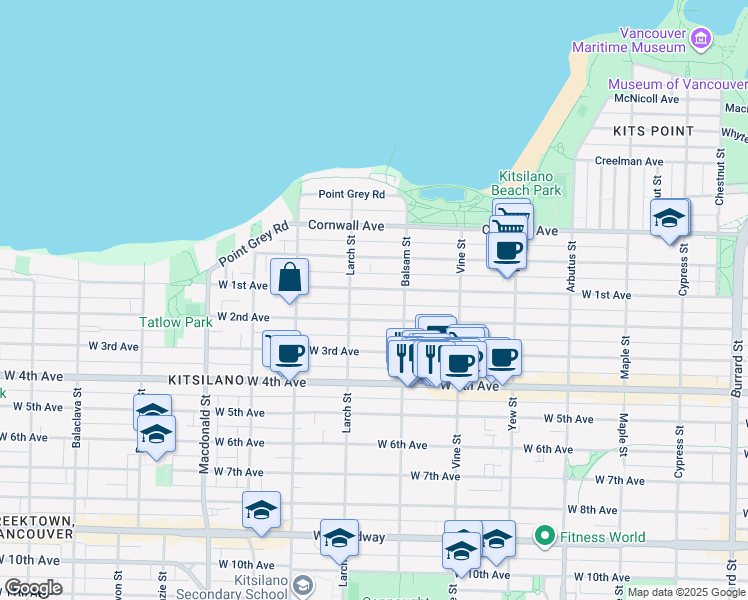 map of restaurants, bars, coffee shops, grocery stores, and more near in Vancouver