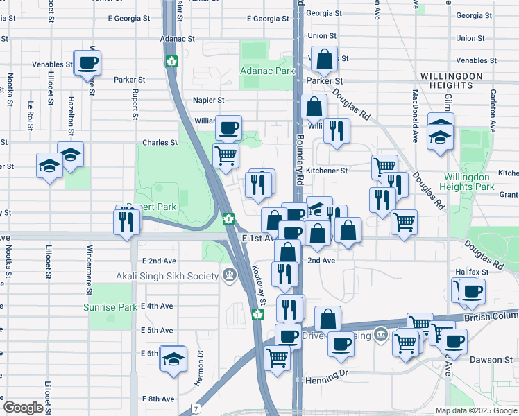 map of restaurants, bars, coffee shops, grocery stores, and more near 3585 Graveley Street in Vancouver