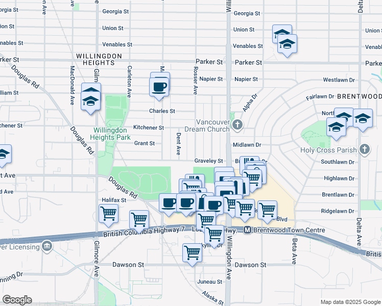 map of restaurants, bars, coffee shops, grocery stores, and more near 1559 Rosser Avenue in Burnaby