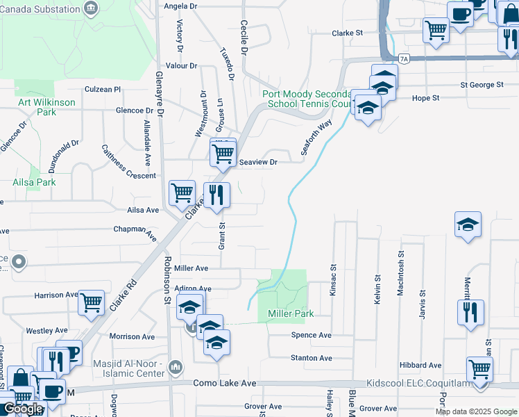 map of restaurants, bars, coffee shops, grocery stores, and more near 828 Ingersoll Avenue in Coquitlam