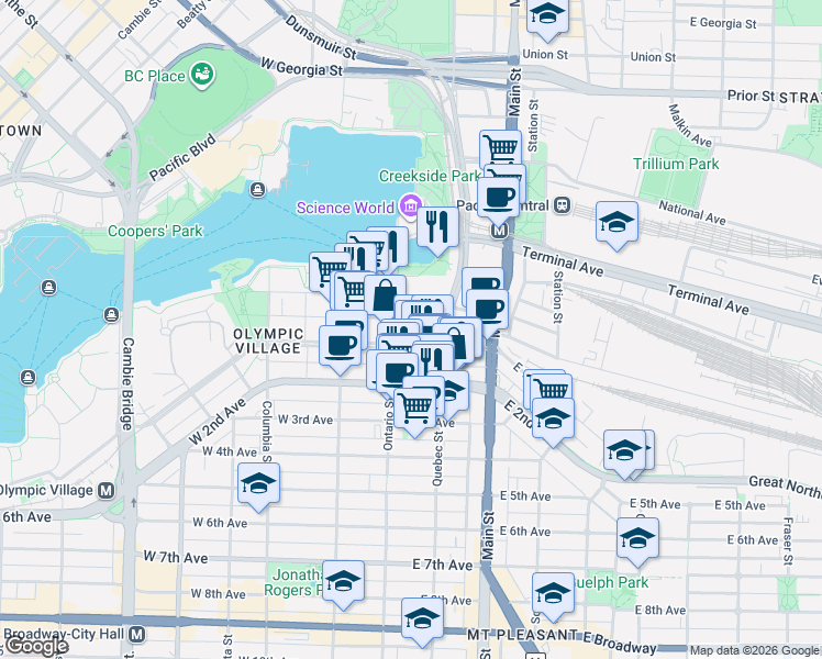 map of restaurants, bars, coffee shops, grocery stores, and more near 1688 Pullman Porter Street in Vancouver