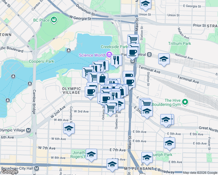 map of restaurants, bars, coffee shops, grocery stores, and more near 1688 Pullman Porter Street in Vancouver
