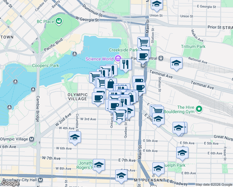 map of restaurants, bars, coffee shops, grocery stores, and more near 1688 Pullman Porter Street in Vancouver
