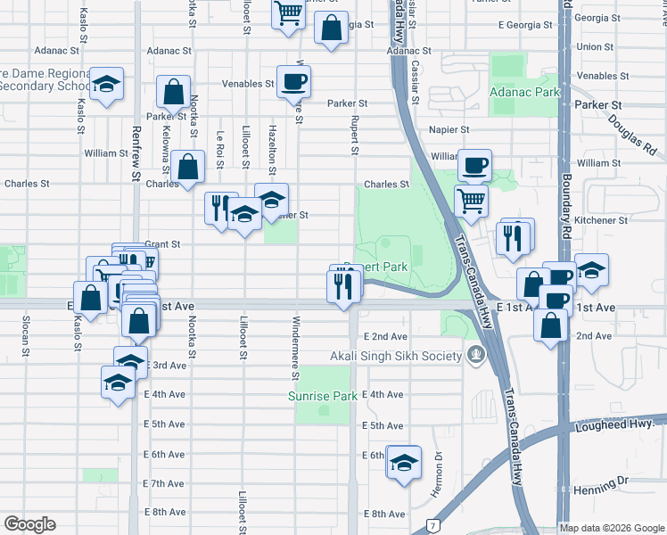 map of restaurants, bars, coffee shops, grocery stores, and more near 3275 Graveley Street in Vancouver