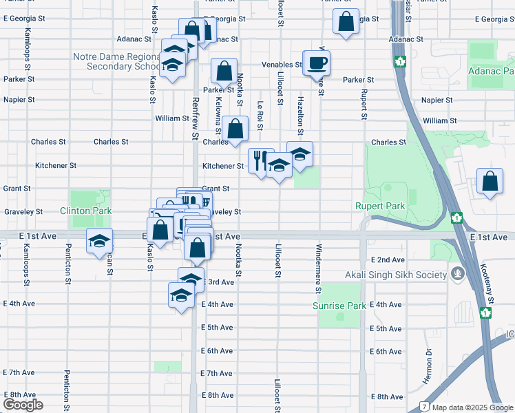 map of restaurants, bars, coffee shops, grocery stores, and more near 3041 Graveley Street in Vancouver