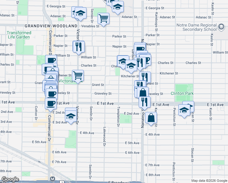 map of restaurants, bars, coffee shops, grocery stores, and more near 2155 Graveley Street in Vancouver