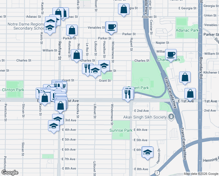 map of restaurants, bars, coffee shops, grocery stores, and more near in Vancouver
