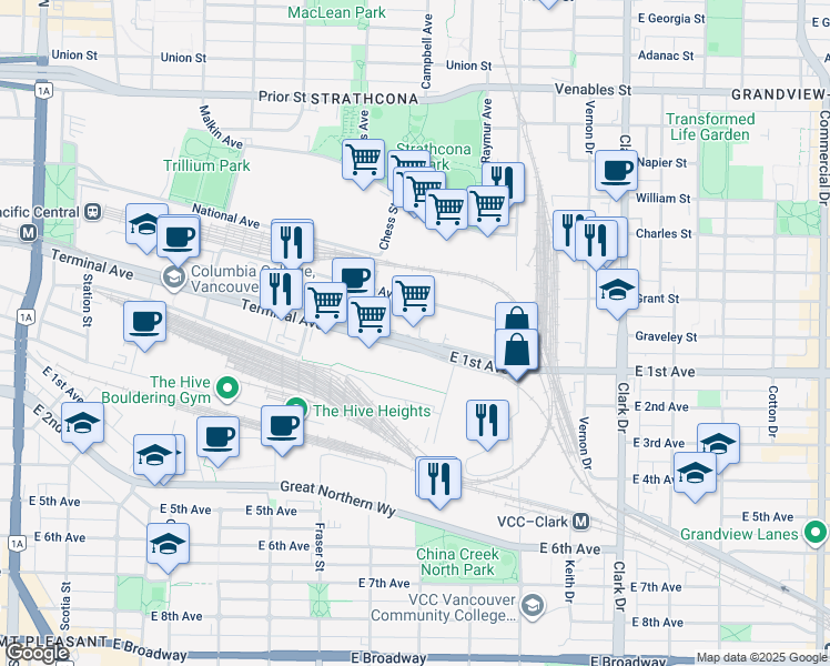map of restaurants, bars, coffee shops, grocery stores, and more near 855 Terminal Avenue in Vancouver