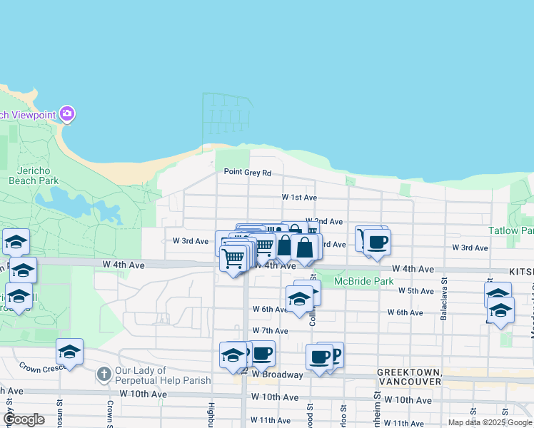 map of restaurants, bars, coffee shops, grocery stores, and more near 3635 West 2nd Avenue in Vancouver