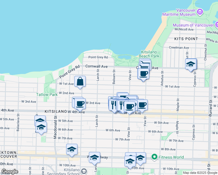 map of restaurants, bars, coffee shops, grocery stores, and more near 2428 West 1st Avenue in Vancouver
