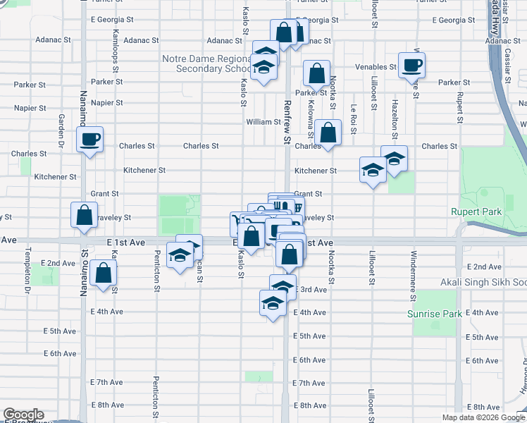 map of restaurants, bars, coffee shops, grocery stores, and more near 2859 Graveley Street in Vancouver