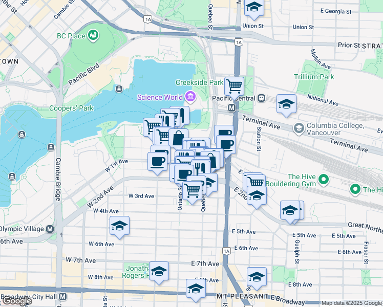 map of restaurants, bars, coffee shops, grocery stores, and more near 1688 Pullman Porter Street in Vancouver