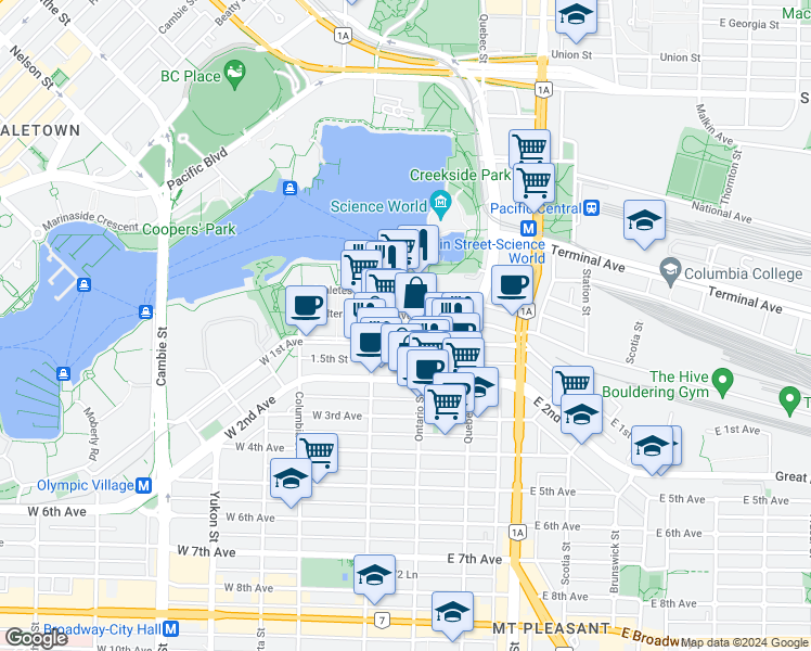 map of restaurants, bars, coffee shops, grocery stores, and more near 1661 Ontario Street in Vancouver