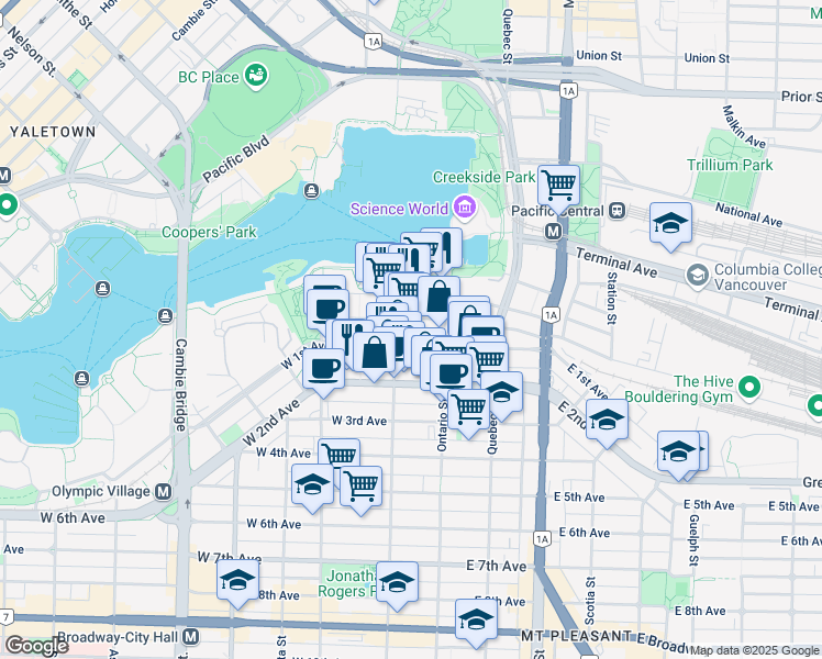 map of restaurants, bars, coffee shops, grocery stores, and more near 1688 Salt Street in Vancouver