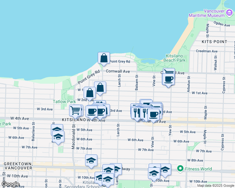 map of restaurants, bars, coffee shops, grocery stores, and more near 1735 Larch Street in Vancouver
