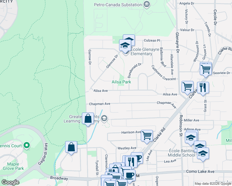 map of restaurants, bars, coffee shops, grocery stores, and more near 517 Ailsa Avenue in Port Moody