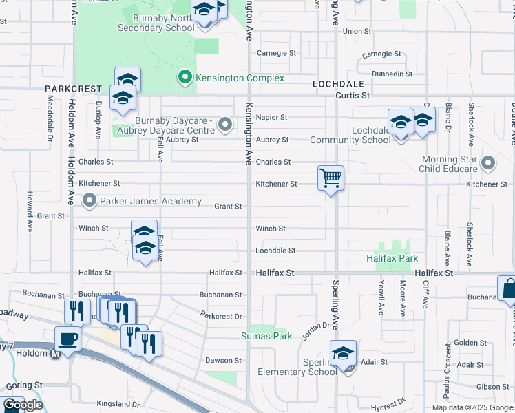 map of restaurants, bars, coffee shops, grocery stores, and more near 6508 Grant Street in Burnaby