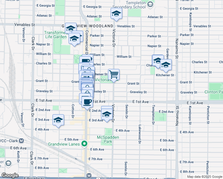 map of restaurants, bars, coffee shops, grocery stores, and more near in Vancouver