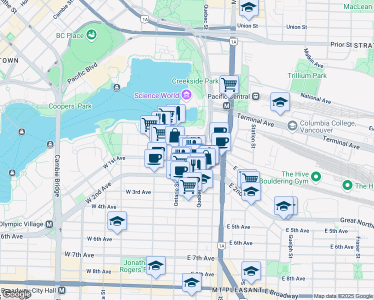 map of restaurants, bars, coffee shops, grocery stores, and more near in Vancouver