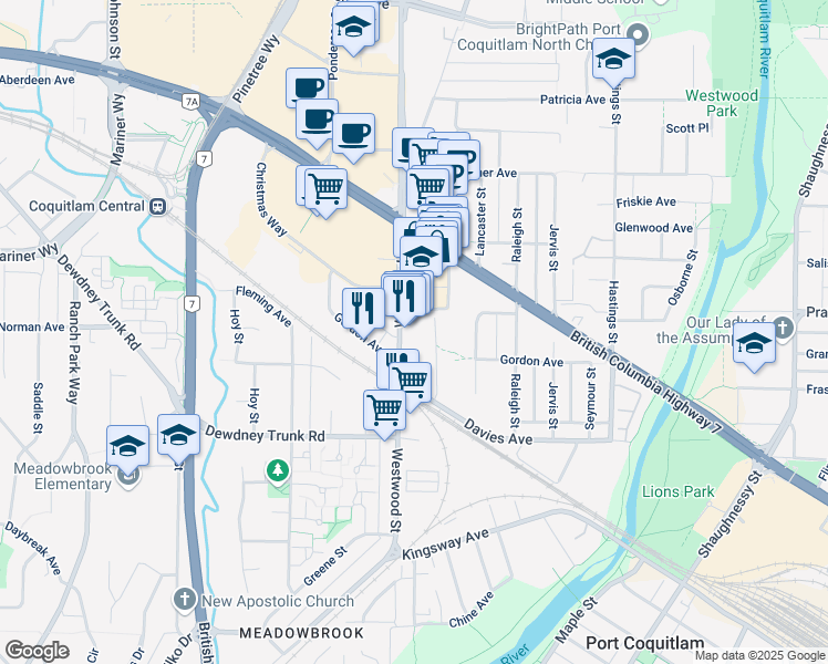 map of restaurants, bars, coffee shops, grocery stores, and more near 3242 Westwood Street in Port Coquitlam