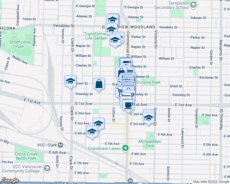 map of restaurants, bars, coffee shops, grocery stores, and more near 1570 Cotton Drive in Vancouver