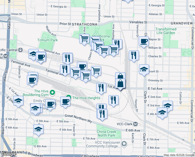 map of restaurants, bars, coffee shops, grocery stores, and more near 855 Terminal Avenue in Vancouver