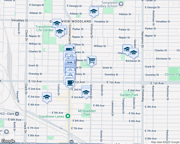 map of restaurants, bars, coffee shops, grocery stores, and more near 1537 Victoria Drive in Vancouver