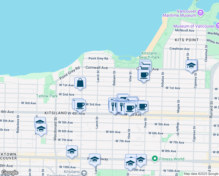 map of restaurants, bars, coffee shops, grocery stores, and more near 2428 West 1st Avenue in Vancouver