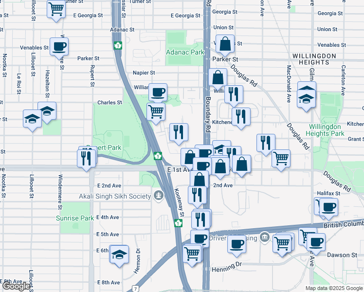 map of restaurants, bars, coffee shops, grocery stores, and more near 3585 Graveley Street in Vancouver