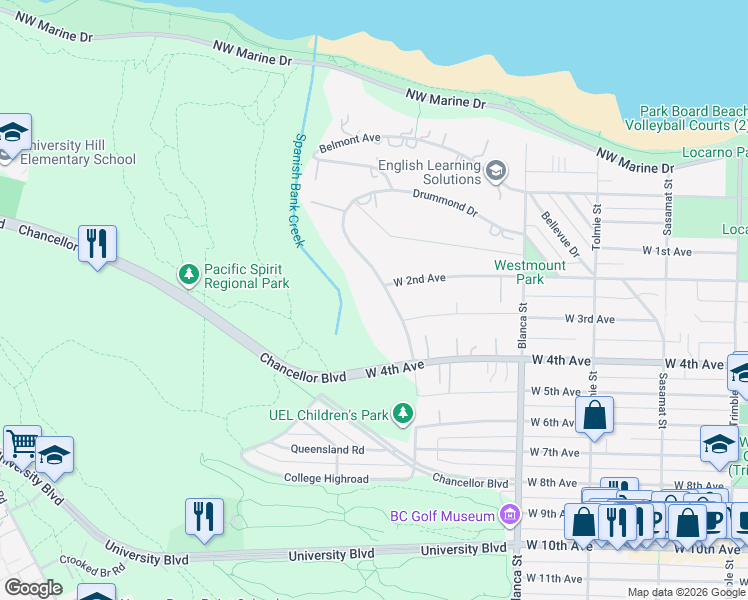 map of restaurants, bars, coffee shops, grocery stores, and more near 1825 Drummond Drive in Vancouver