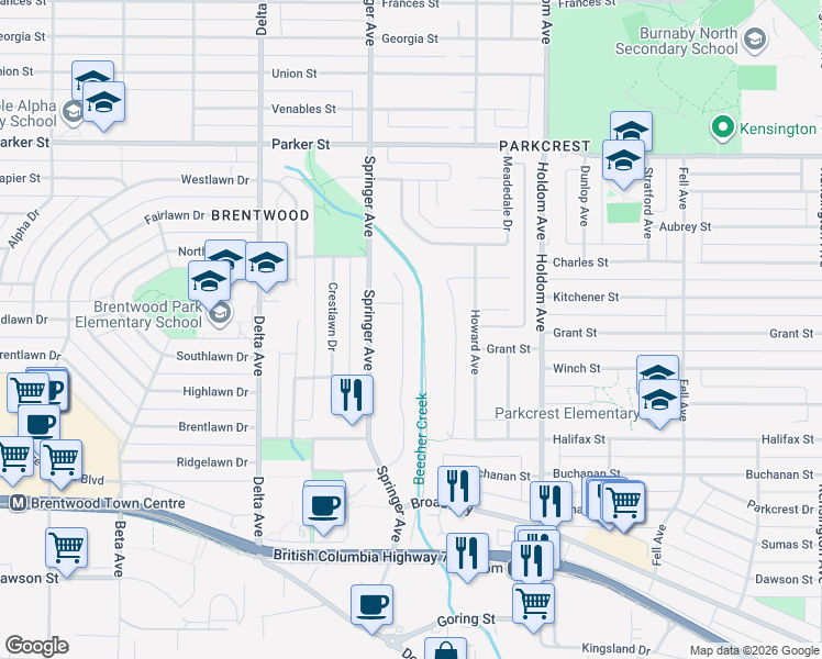 map of restaurants, bars, coffee shops, grocery stores, and more near 5373 Braelawn Drive in Burnaby