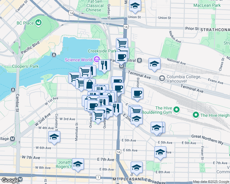 map of restaurants, bars, coffee shops, grocery stores, and more near in Vancouver