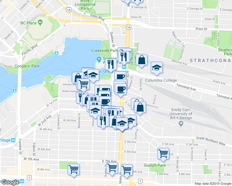 map of restaurants, bars, coffee shops, grocery stores, and more near in Vancouver