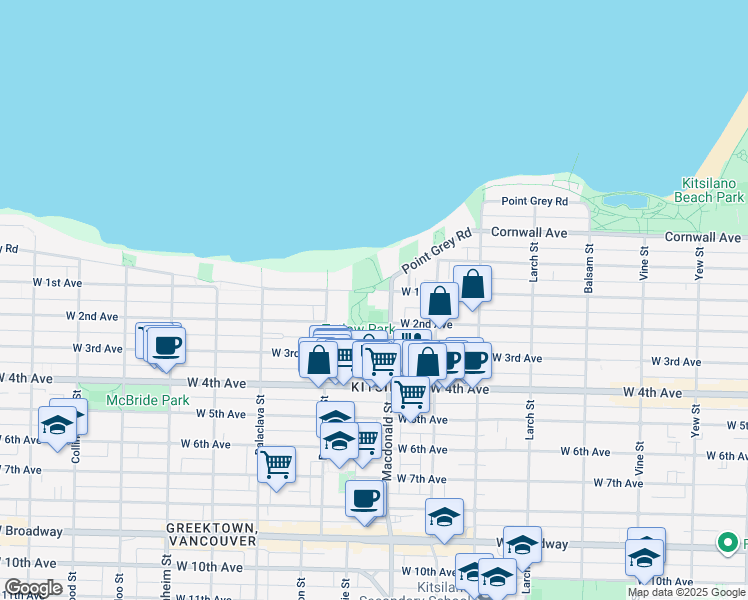 map of restaurants, bars, coffee shops, grocery stores, and more near 2850 West 1st Avenue in Vancouver