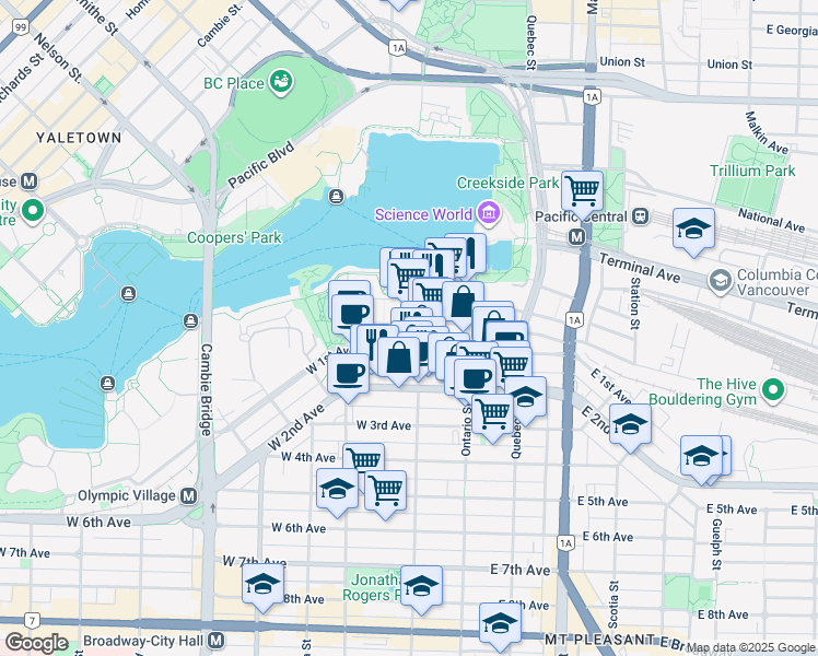 map of restaurants, bars, coffee shops, grocery stores, and more near 123 West 1st Avenue in Vancouver