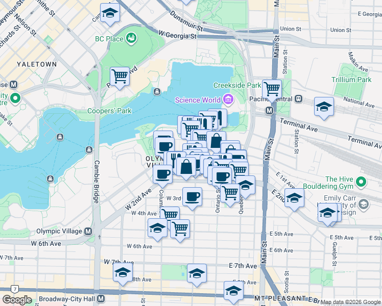 map of restaurants, bars, coffee shops, grocery stores, and more near 123 West 1st Avenue in Vancouver