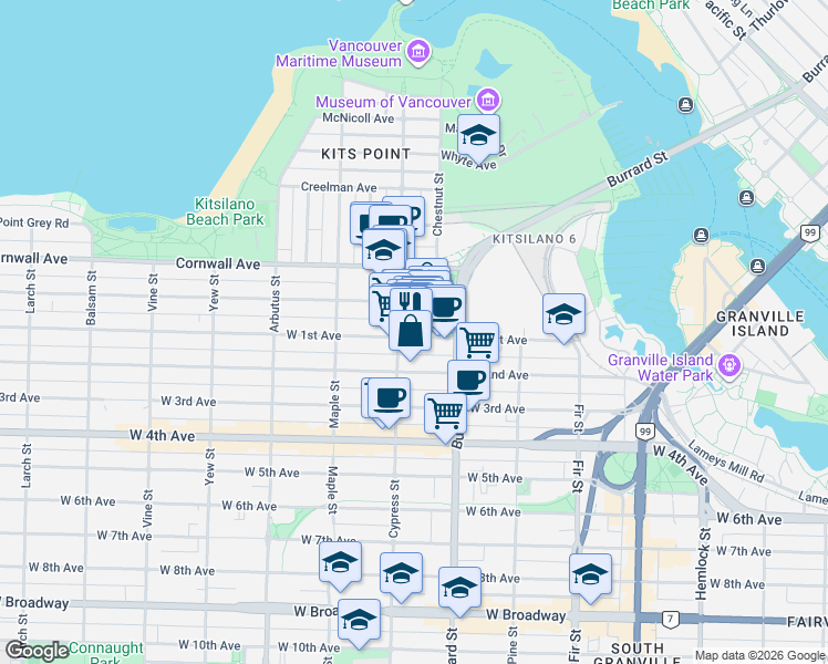 map of restaurants, bars, coffee shops, grocery stores, and more near 1835 West 1st Avenue in Vancouver