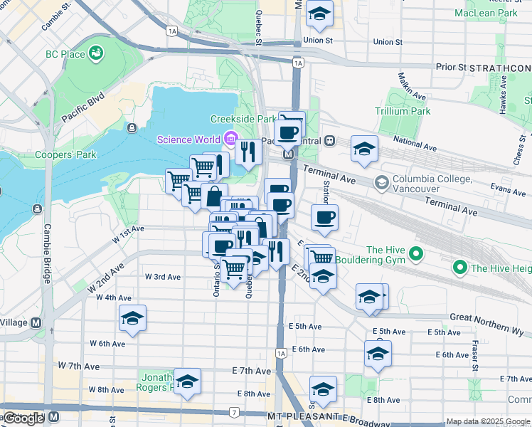 map of restaurants, bars, coffee shops, grocery stores, and more near 110 Switchmen Street in Vancouver